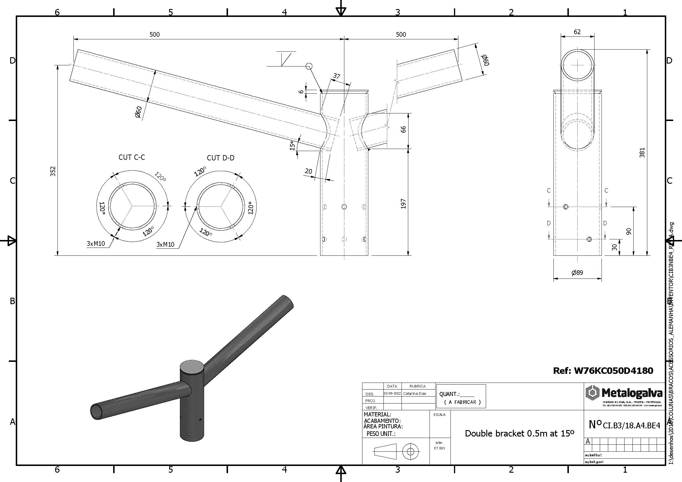 technische Zeichnung Doppelausleger 500mm Ausladung - Metalogalva