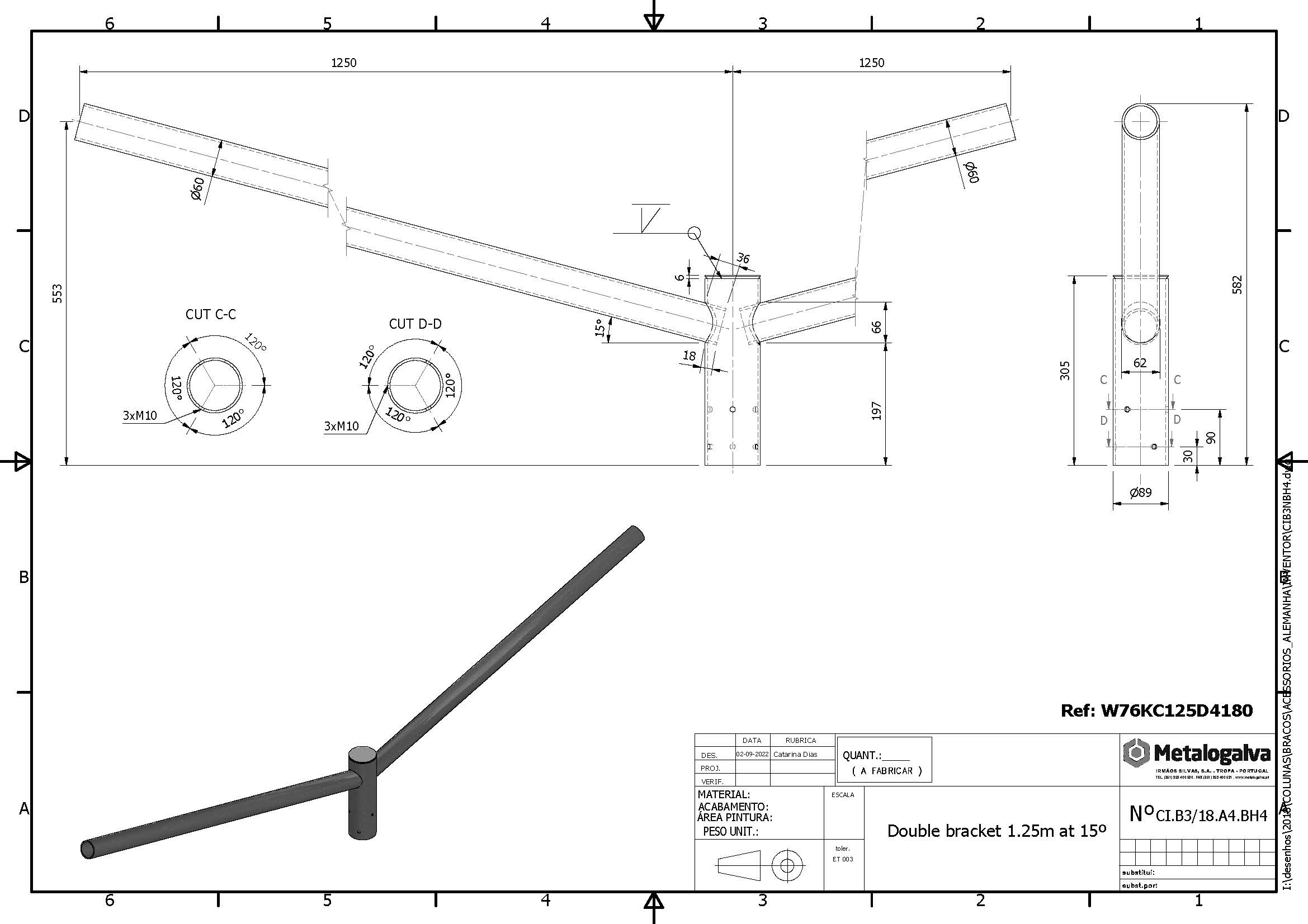  technische Zeichnung Doppelausleger 1250mm Ausladung - Metalogalva
