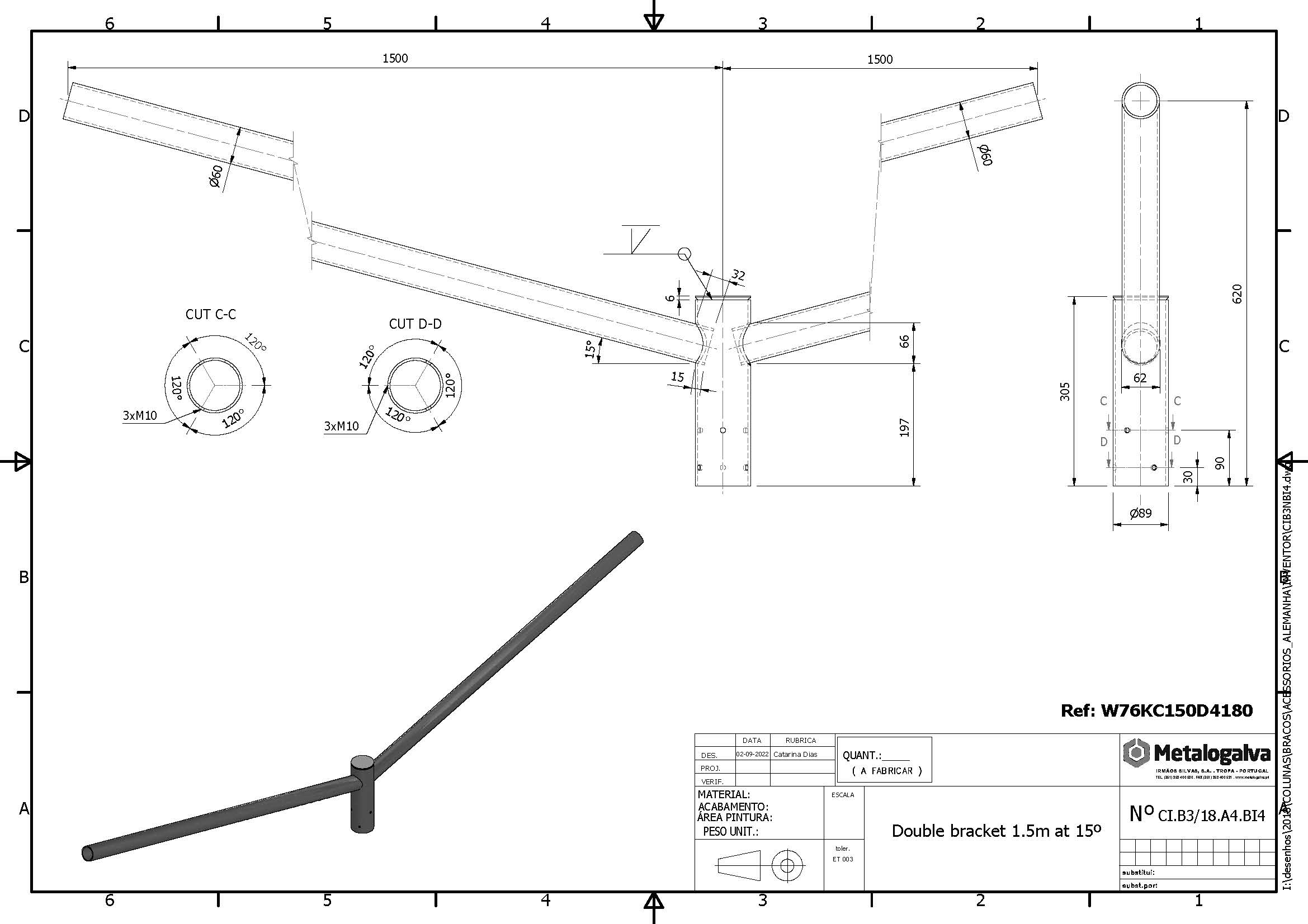 technische Zeichnung Doppelausleger 1500mm Ausladung - Metalogalva