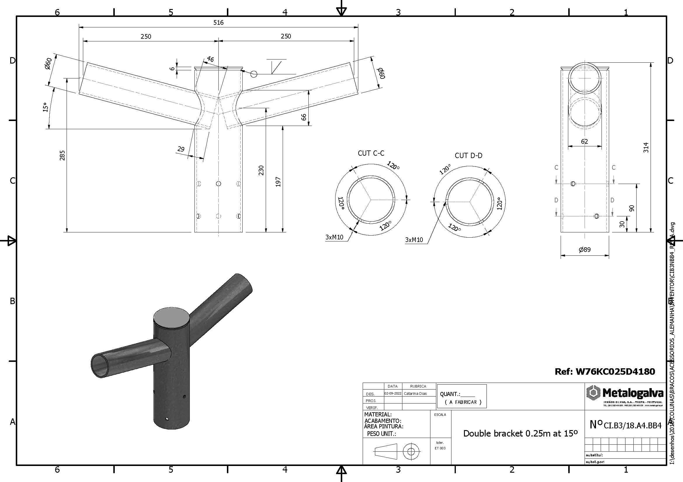 technische Zeichnung Doppelausleger 250mm Ausladung - Metalogalva