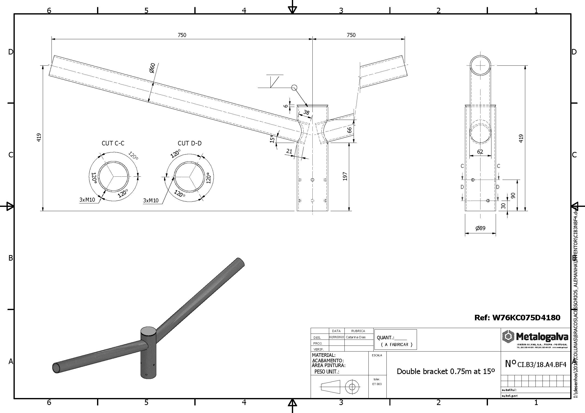  technische Zeichnung Doppelausleger 750mm Ausladung - Metalogalva