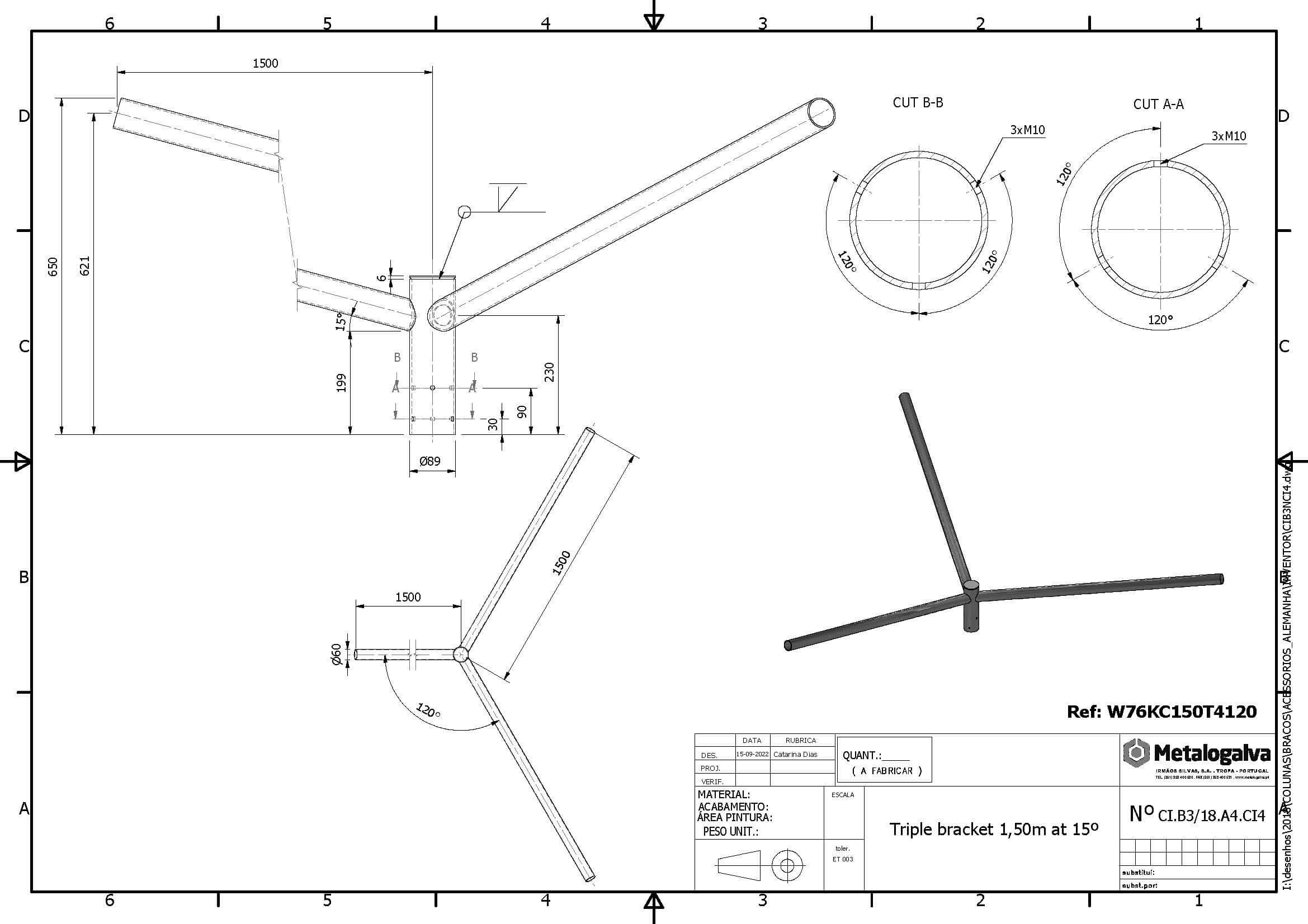 technische Zeichnung Dreifachausleger mit 1500mm Ausladung - Metalogalva