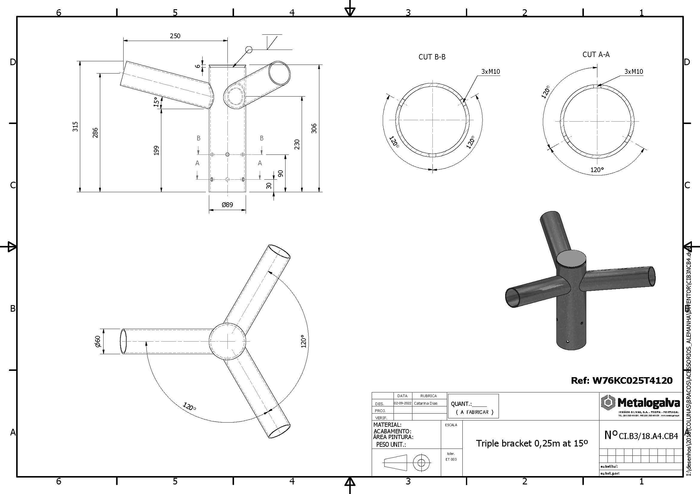 technische Zeichnung Dreifachausleger mit 250mm Ausladung - Metalogalva