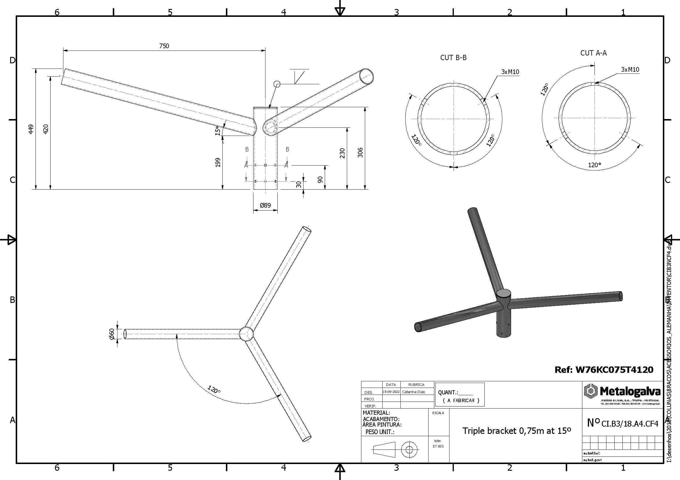 technische Zeichnung Dreifachausleger mit 750mm Ausladung - Metalogalva