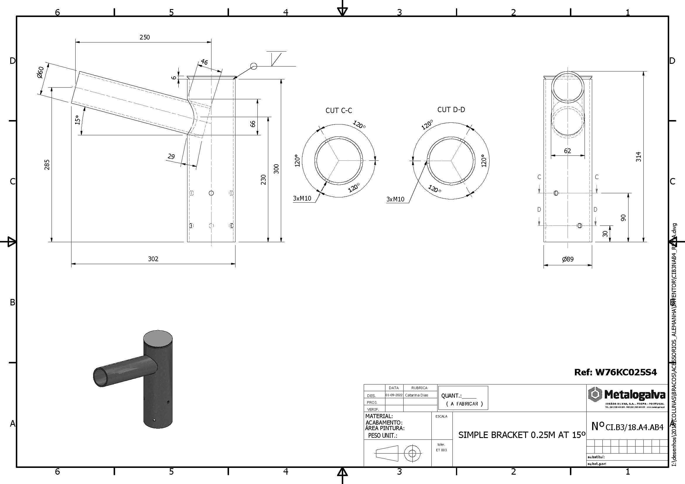 technische Zeichnung Einfachausleger 250mm Ausladung - Metalogalva