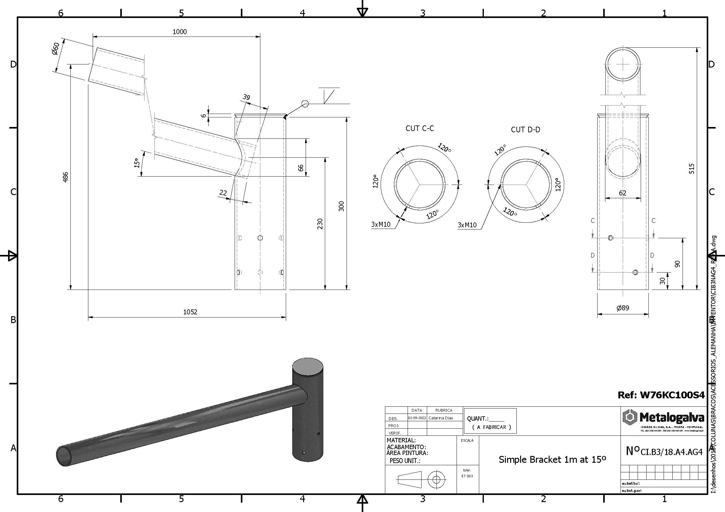 technische Zeichnung Einfachausleger 1000mm Ausladung - Metalogalva