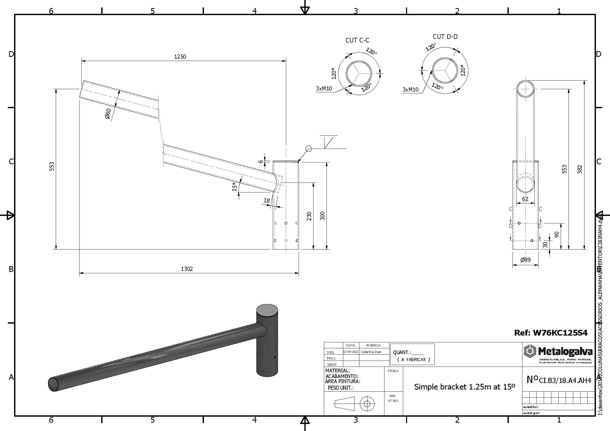 technische Zeichnung Einfachausleger 1250mm Ausladung - Metalogalva