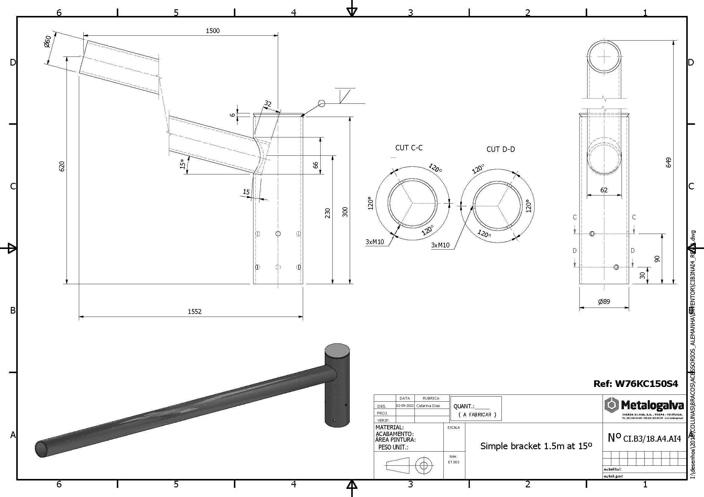 technische Zeichnung Einfachausleger 1500mm Ausladung - Metalogalva