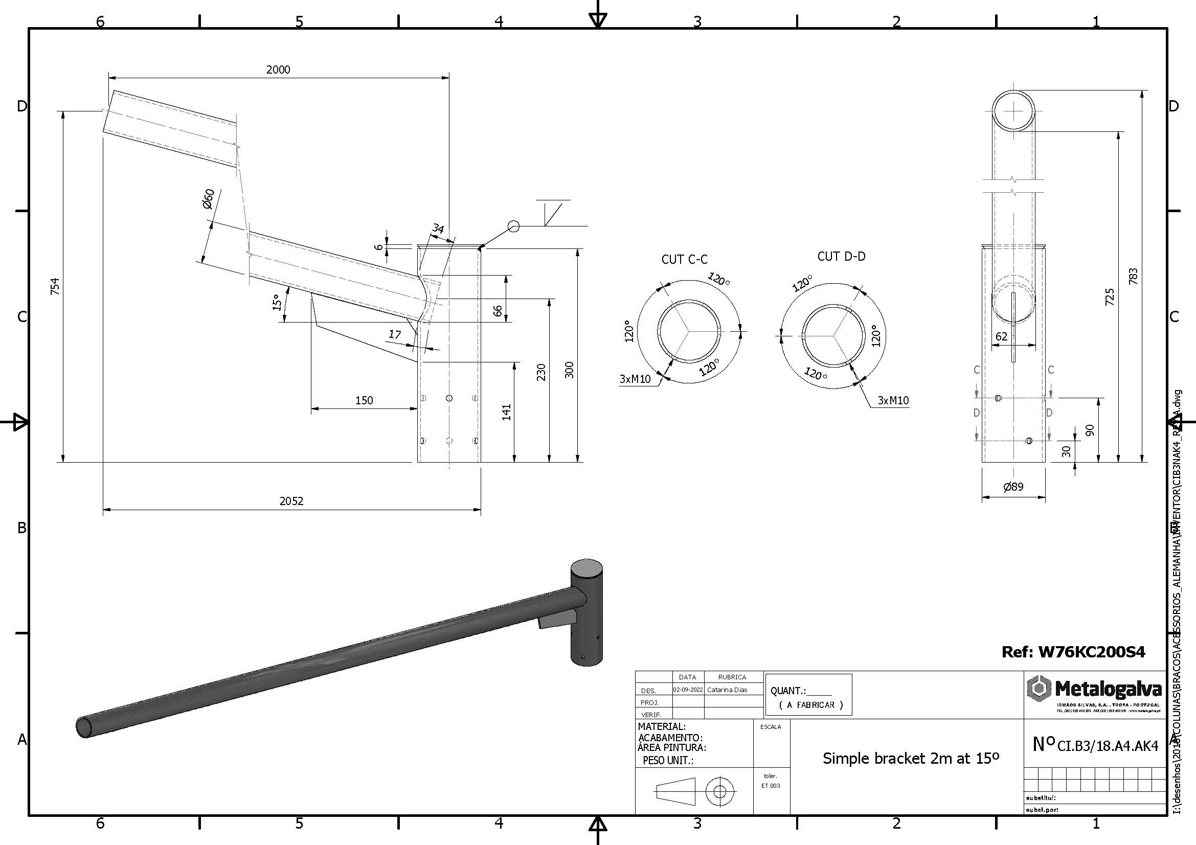 technische Zeichnung Einfachausleger 2000mm Ausladung - Metalogalva