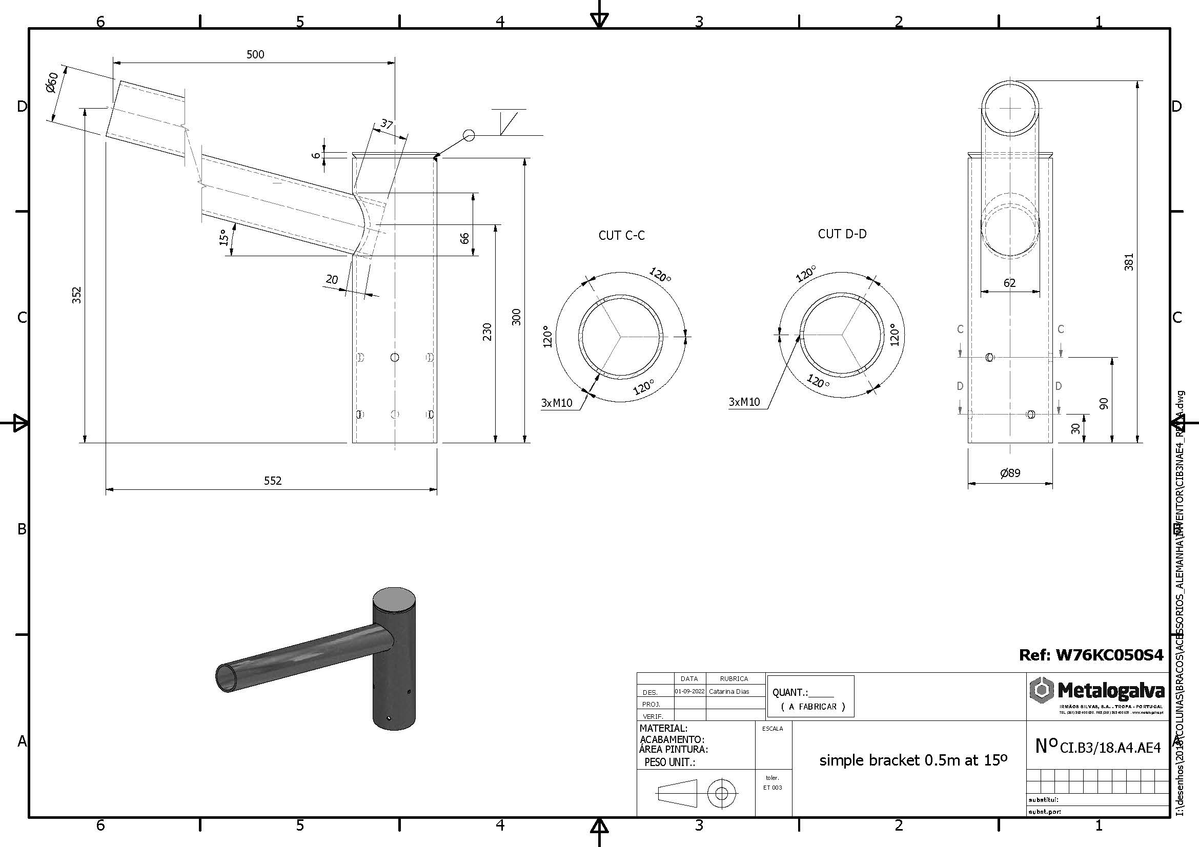 technische Zeichnung Einfachausleger 500mm Ausladung - Metalogalva