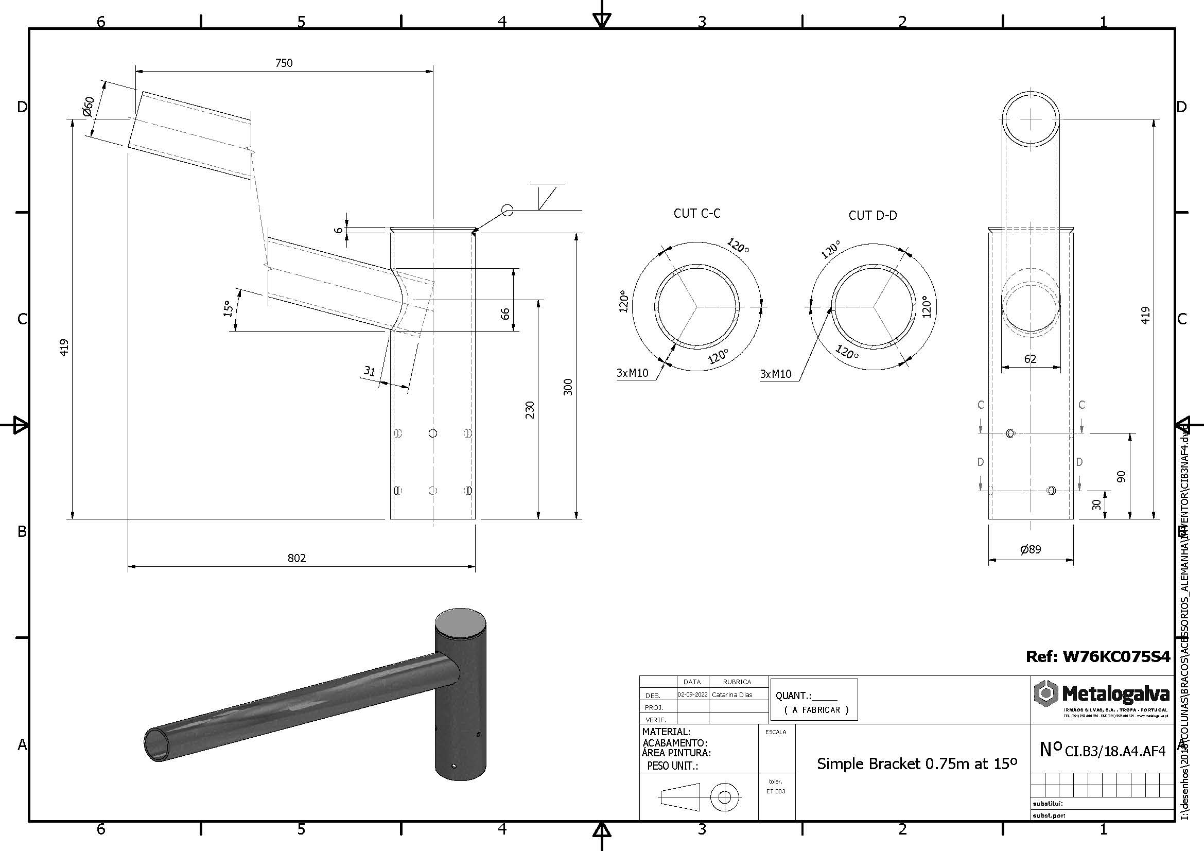 technische Zeichnung Einfachausleger 750mm Ausladung - Metalogalva