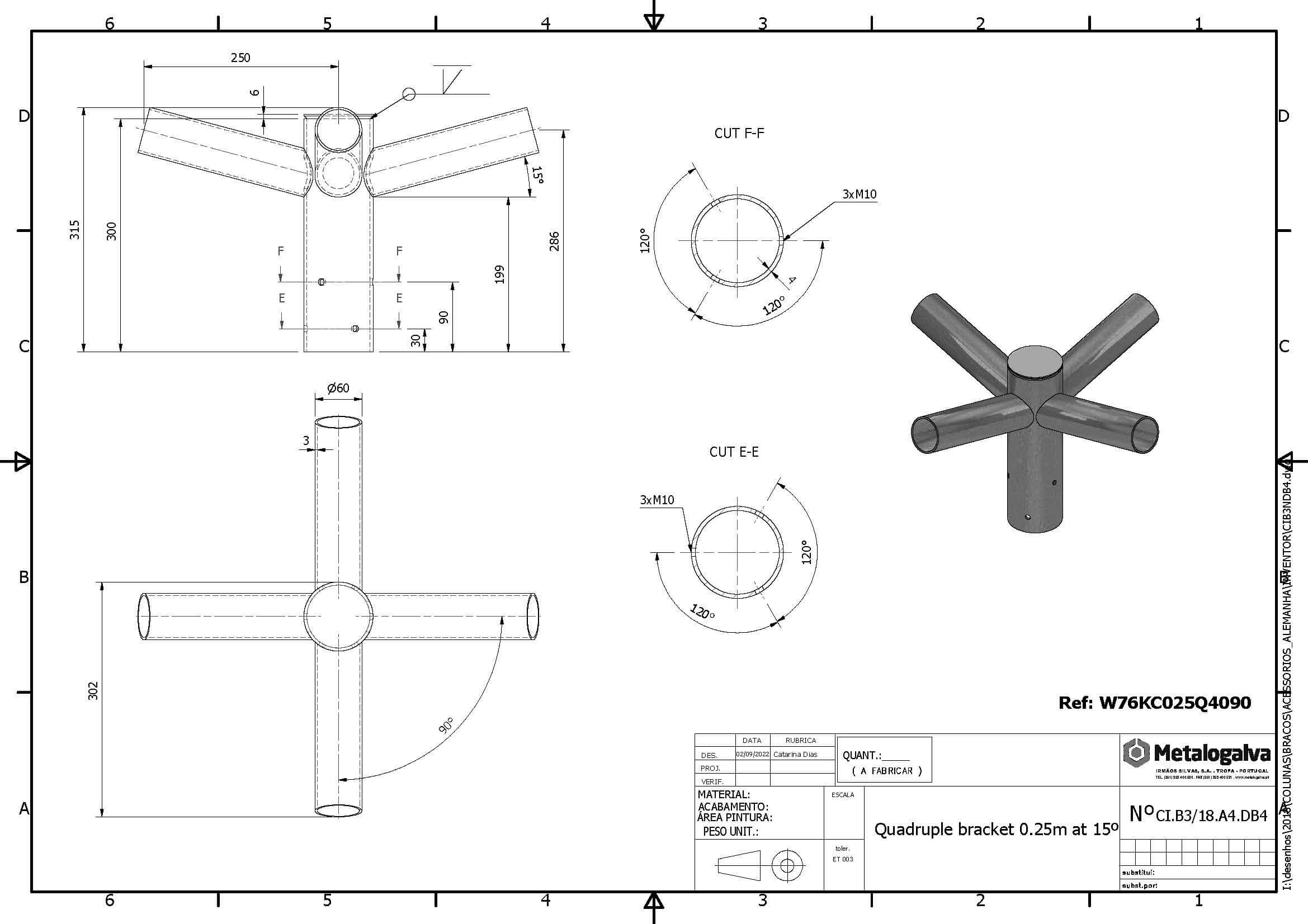 technische Zeichnung Vierfachausleger mit 250mm Ausladung - Metalogalva