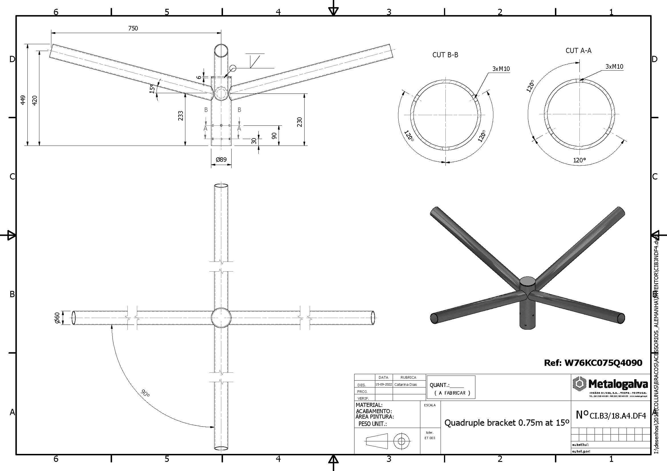 technische Zeichnung Vierfachausleger mit 750mm Ausladung - Metalogalva